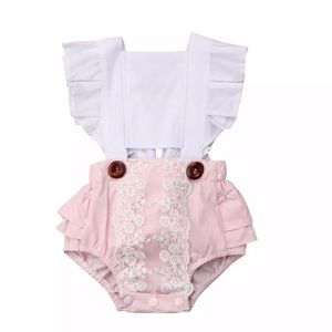 ‼️CLEARANCE SALE‼️ White Top Pink Lace Pants Ruffles Romper